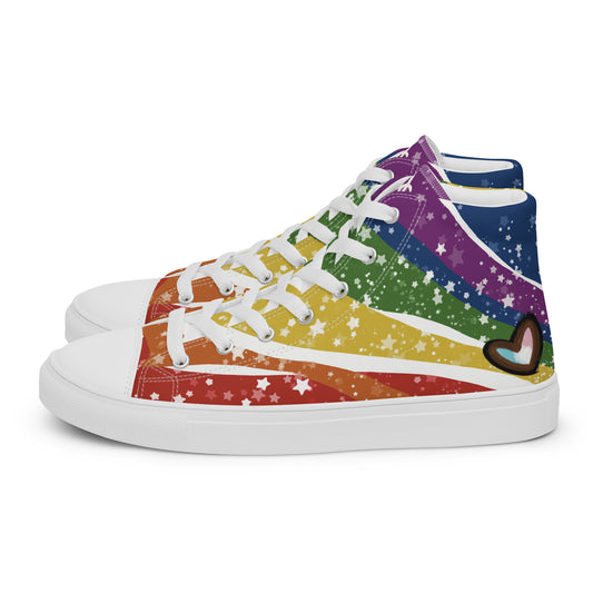 Left side view: A pair of high top shoes have wavy rainbow stripes coming from the heel and getting wider towards the laces, covered in stars, with a double heart in black and brown containing the Trans Pride flag near the heel.