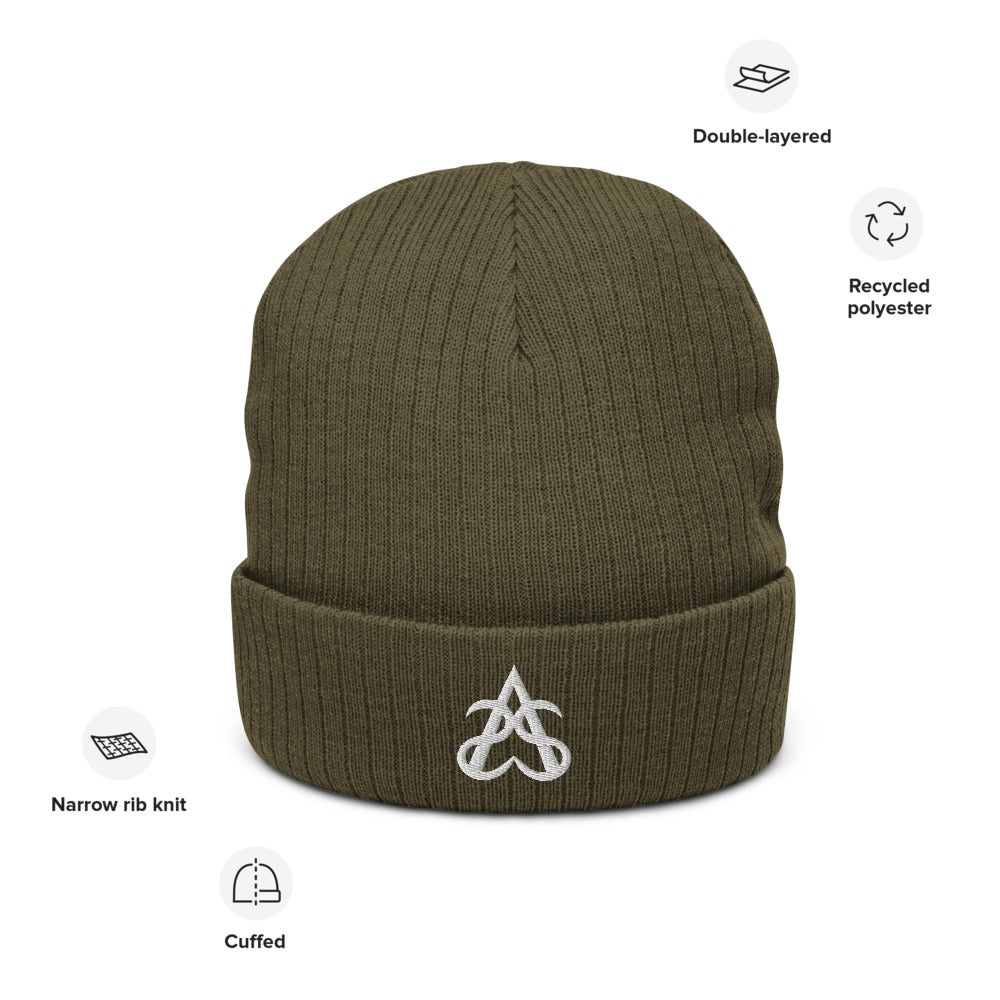A picture of the olive rib knit beanie with the Aras Sivad Studios logo on the cuff. Pictures around show features as listed in the main listing.