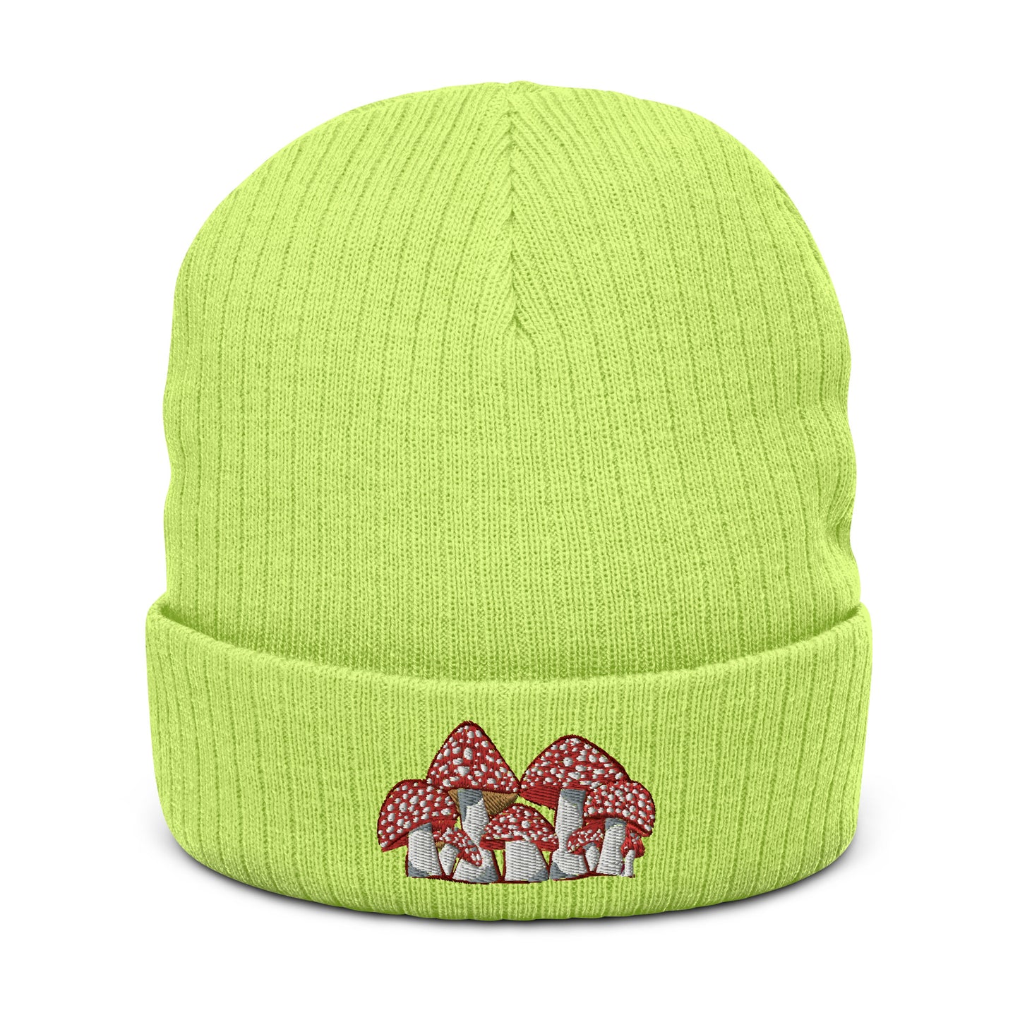 A neon green ribbed knit beanie has an embroidery of Fly Agaric mushrooms on the front.