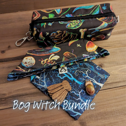 The Bog Witch bundle laid out with the matching Witch's Forest bag of adventuring and deluxe tray and a copper moon and agate pendant and Bog Witch Bundle written in glowing handwriting.