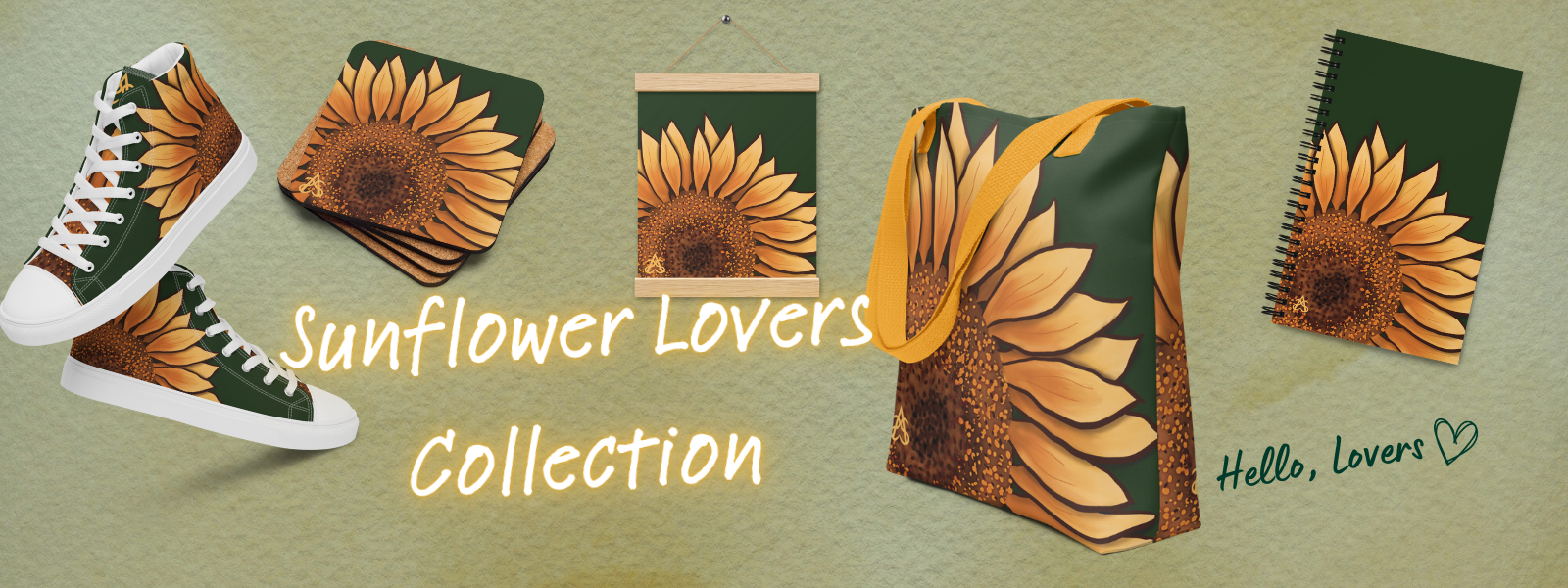 The Sunflower Lovers Collection banner with high top shoes, coasters, poster, tote bag, and spiral notebook all decorated with a painted sunflower.