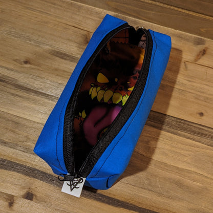 Another view of the blue Bag of Devouring open to show the mimic face inside.