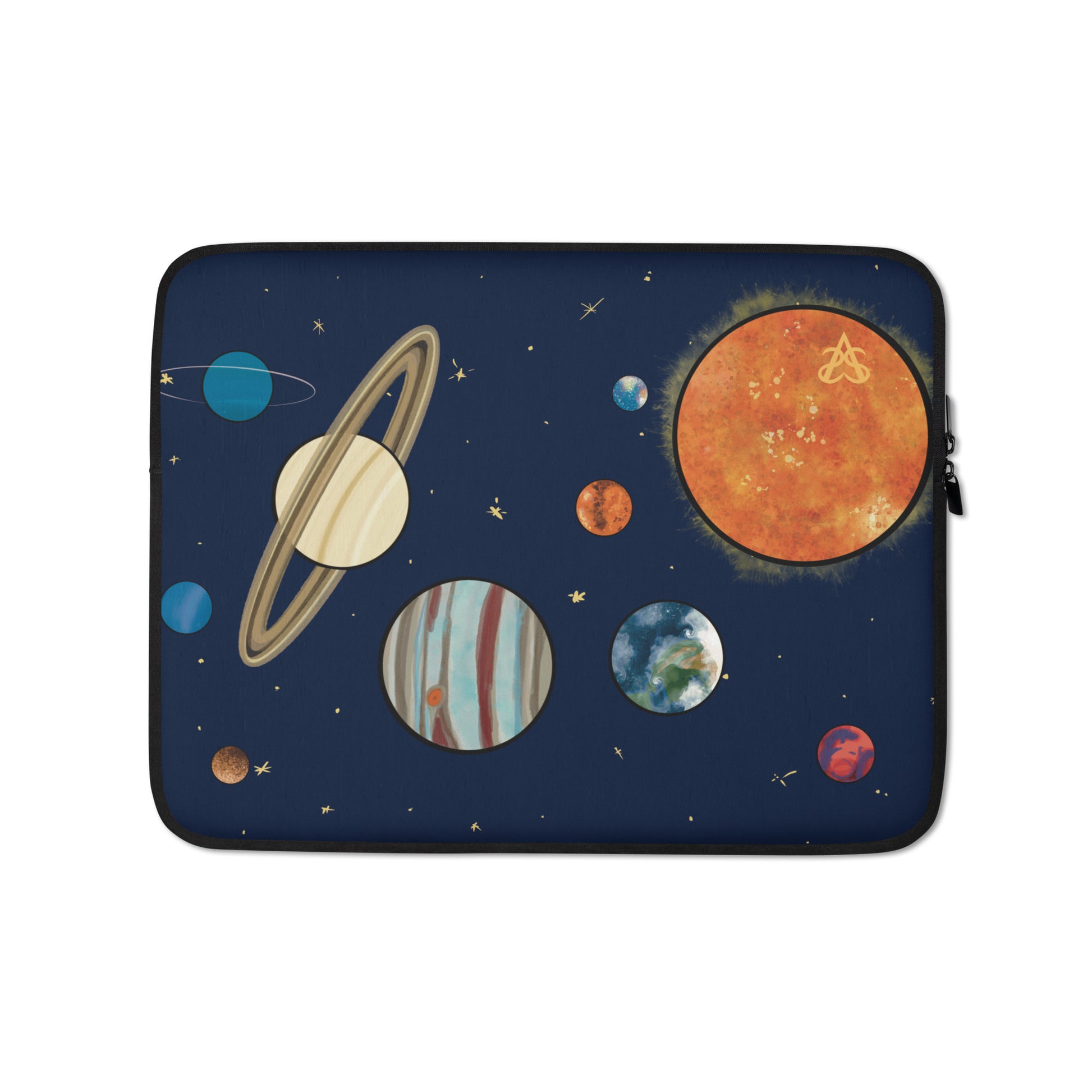 A 13 inch laptop sleeve with our solar system with stars behind it painted by Aras Sivad.