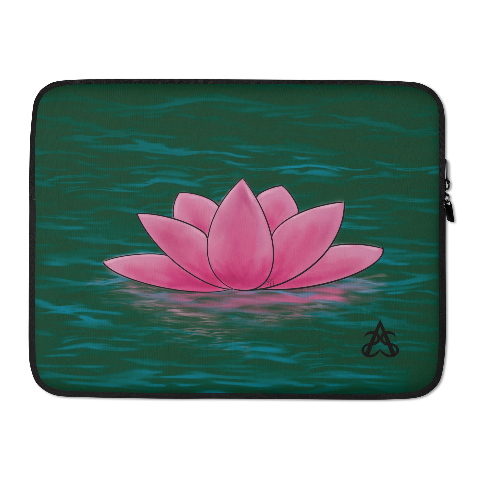 A laptop sleeve with a pink lotus flower on blue-green water.