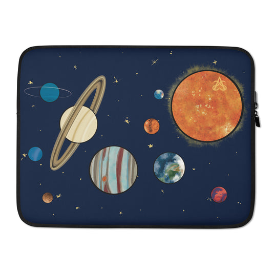 A 15 inch laptop case with our solar system pained by Aras Sivad with stars behind it.