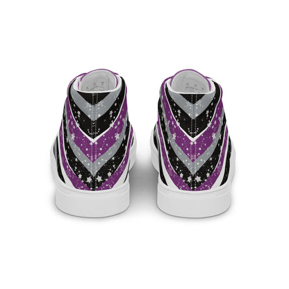 Back view: a pair of high-top shoes with ribbons of purple, grey, black, and white seem to expand from the heel to the laces with an explosion of stars.
