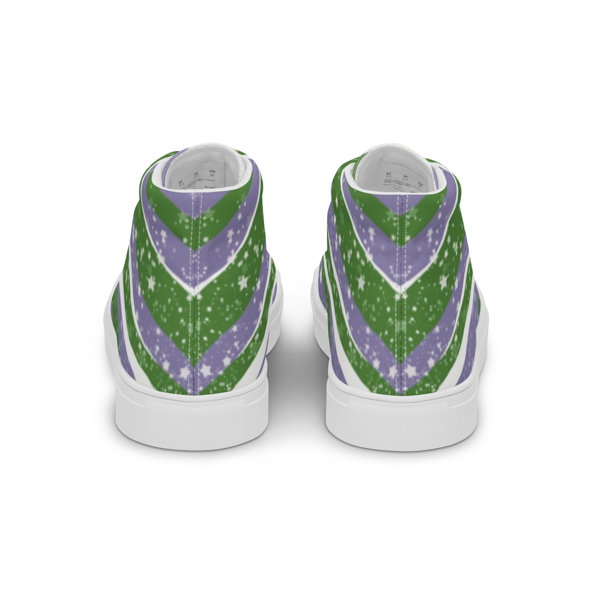 Back view: a pair of high top shoes with green, purple, and white ribbons that get larger from heel to laces, white stars, and the Aras Sivad logo on the tongue.
