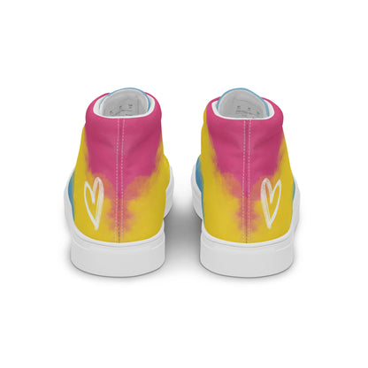 Back view: a pair of high top shoes with color block pink, yellow, and blue clouds, a white hand drawn heart, and the Aras Sivad logo on the back.