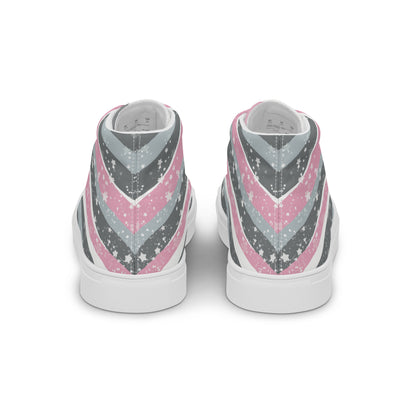 Back view: A pair of high top shoes with ribbons of the demigirl flag colors and stars coming from the heel and getting larger across the shoe to the laces.