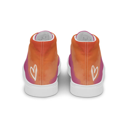 Back view: A pair of high top shoes with cloud layers in the lesbian flag colors, a white heart on the heel, and the Aras Sivad Studio logo on the tongue.
