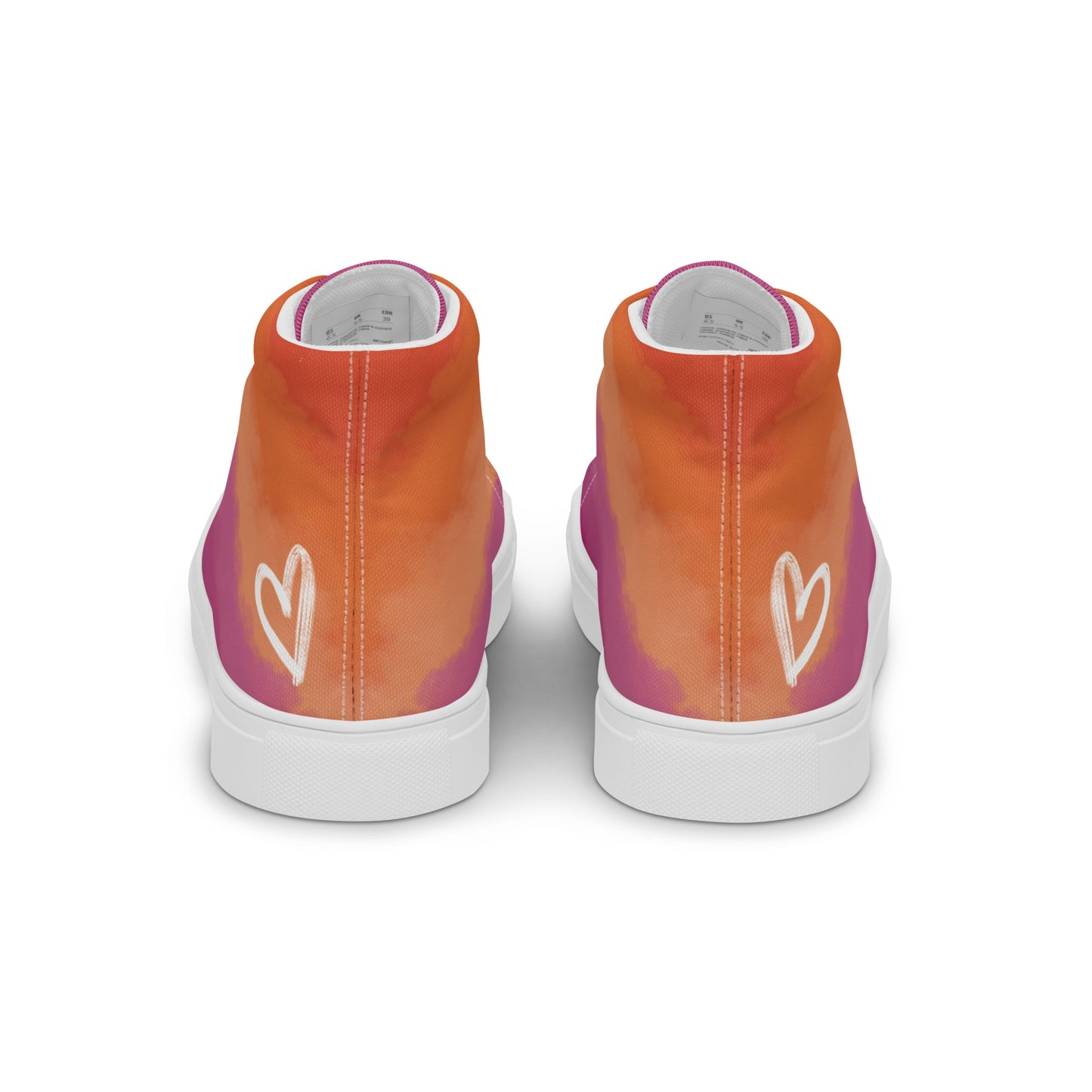 Back view: A pair of high top shoes with cloud layers in the lesbian flag colors, a white heart on the heel, and the Aras Sivad Studio logo on the tongue.