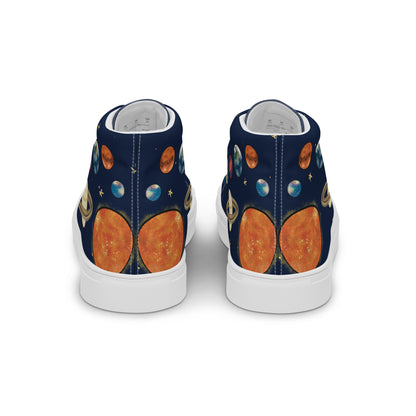 Back view: A pair of high top shoes with painted solar system and starry background with white laces.