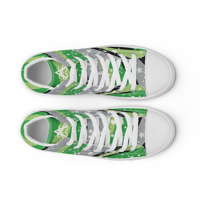 Top view: a pair of high-top shoes with ribbons of the greens, grey, and black of the aromantic pride flag coming from the heel and expanding towards the laces with an explosion of stars over it, white accents, and the Aras Sivad Studio logo in white on the tongue.