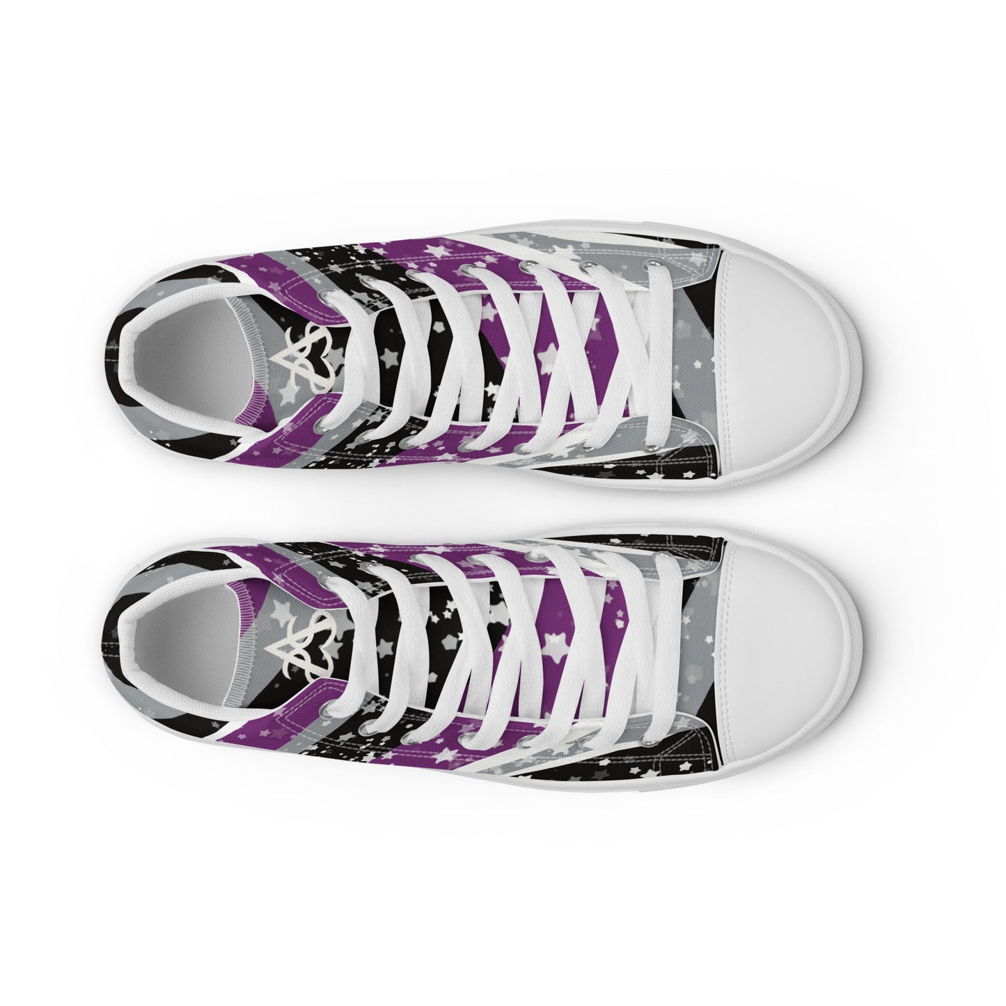 Top View: a pair of high-top shoes with ribbons of purple, grey, black, and white seem to expand from the heel to the laces with an explosion of stars.