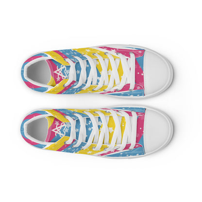 Top view: a pair of high top shoes with pink, yellow, and blue ribbons that get larger from heel to laces, white stars, and the Aras Sivad logo on the tongue.