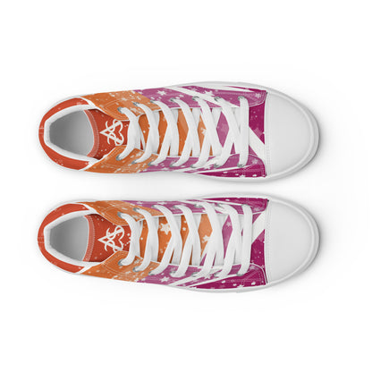 Top view: A pair of high top shoes with ribbons of lesbian flag colors and stars coming from the heel and getting larger across the shoe to the laces.