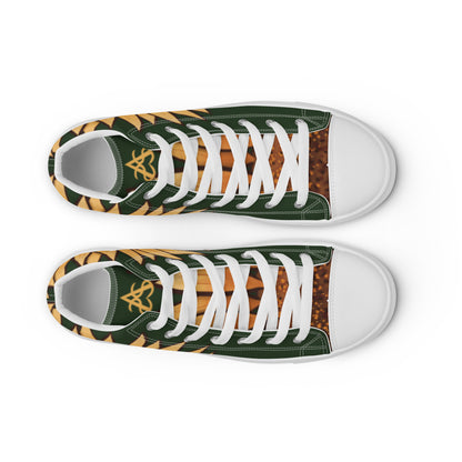 Top view: a pair of high top shoes with a large sunflower on the heel and a forest green background.