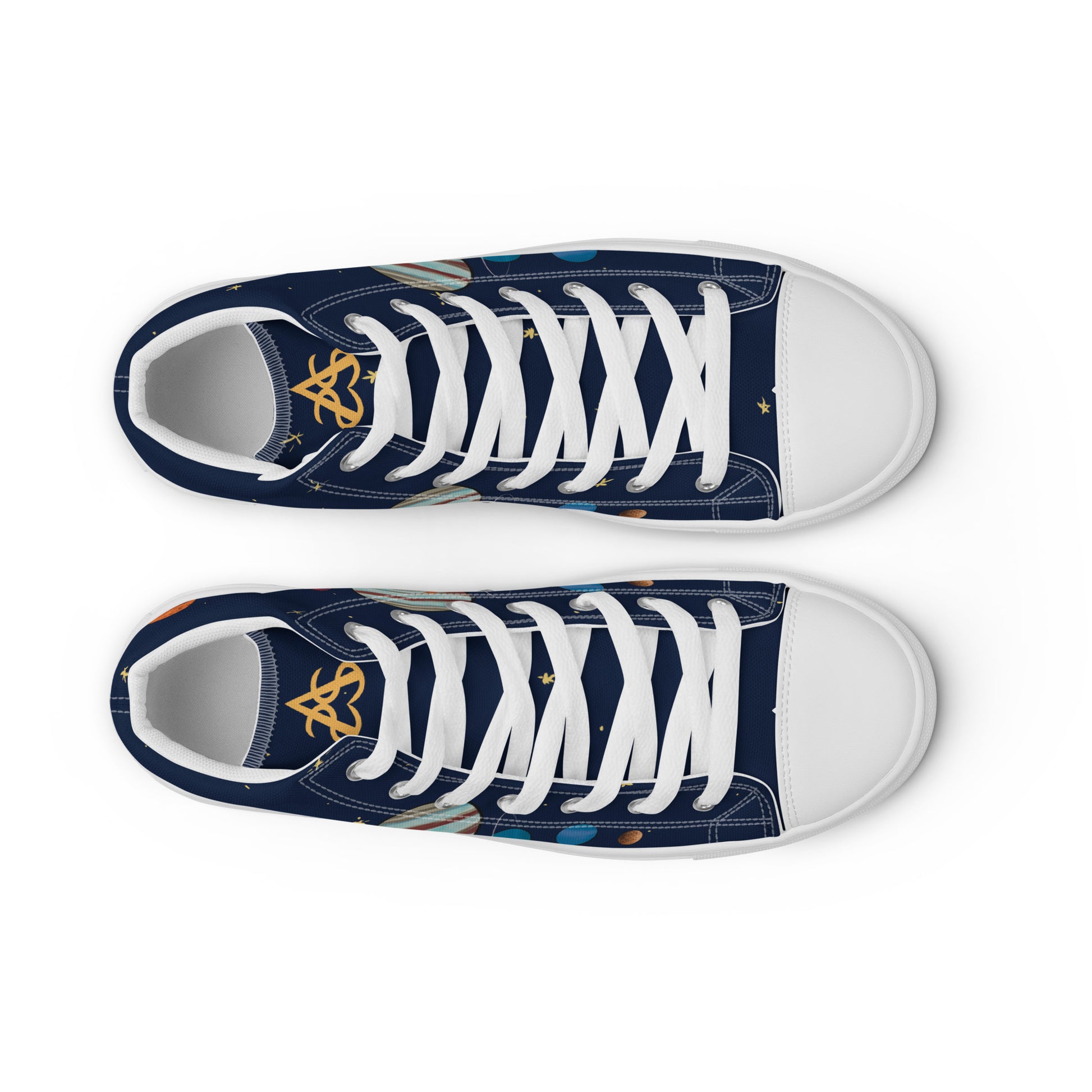 Top view: A pair of high top shoes with painted solar system and starry background with white laces.