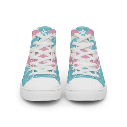 Front view: A pair of high top shoes have way lines starting from the heel and getting larger towards the laces in pink, white, and blue with white stars all over, white laces, and white details.