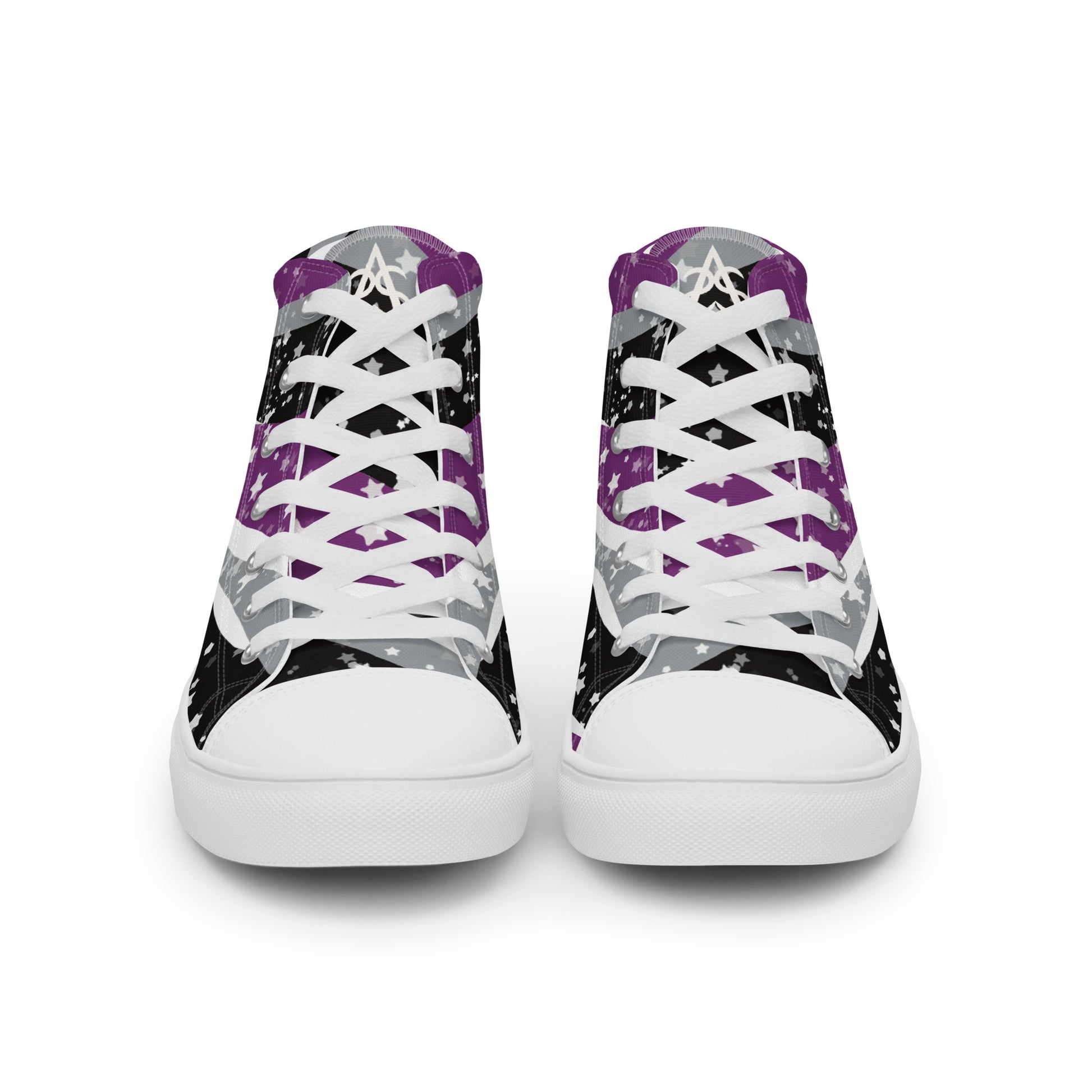 Front view: a pair of high-top shoes with ribbons of purple, grey, black, and white seem to expand from the heel to the laces with an explosion of stars.