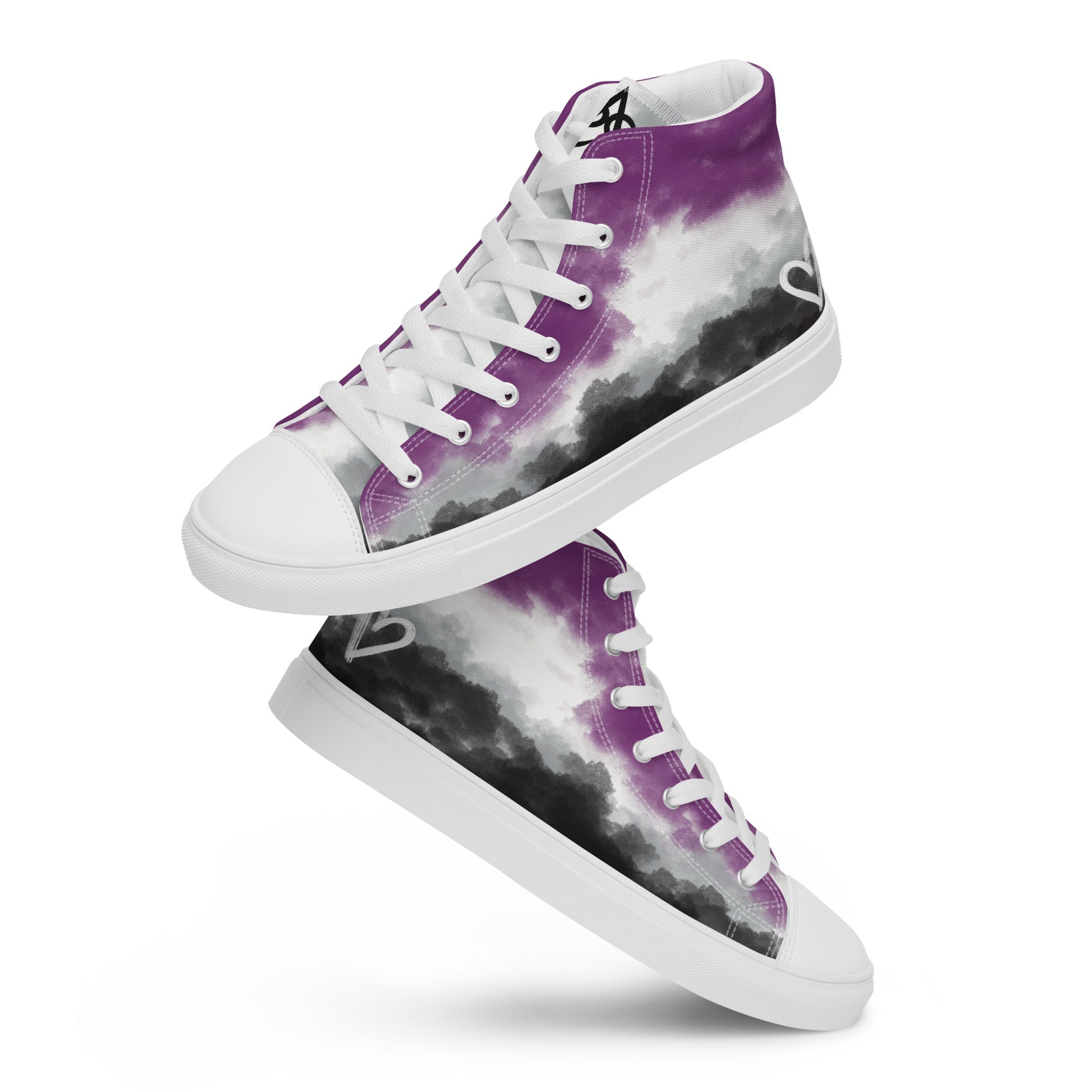 A pair of high top shoes with clouds in the asexual flag colors, a hand drawn white heart on the heel, white laces and accents, and the Aras Sivad Studio logo on the tongue, kind of floating in the air.