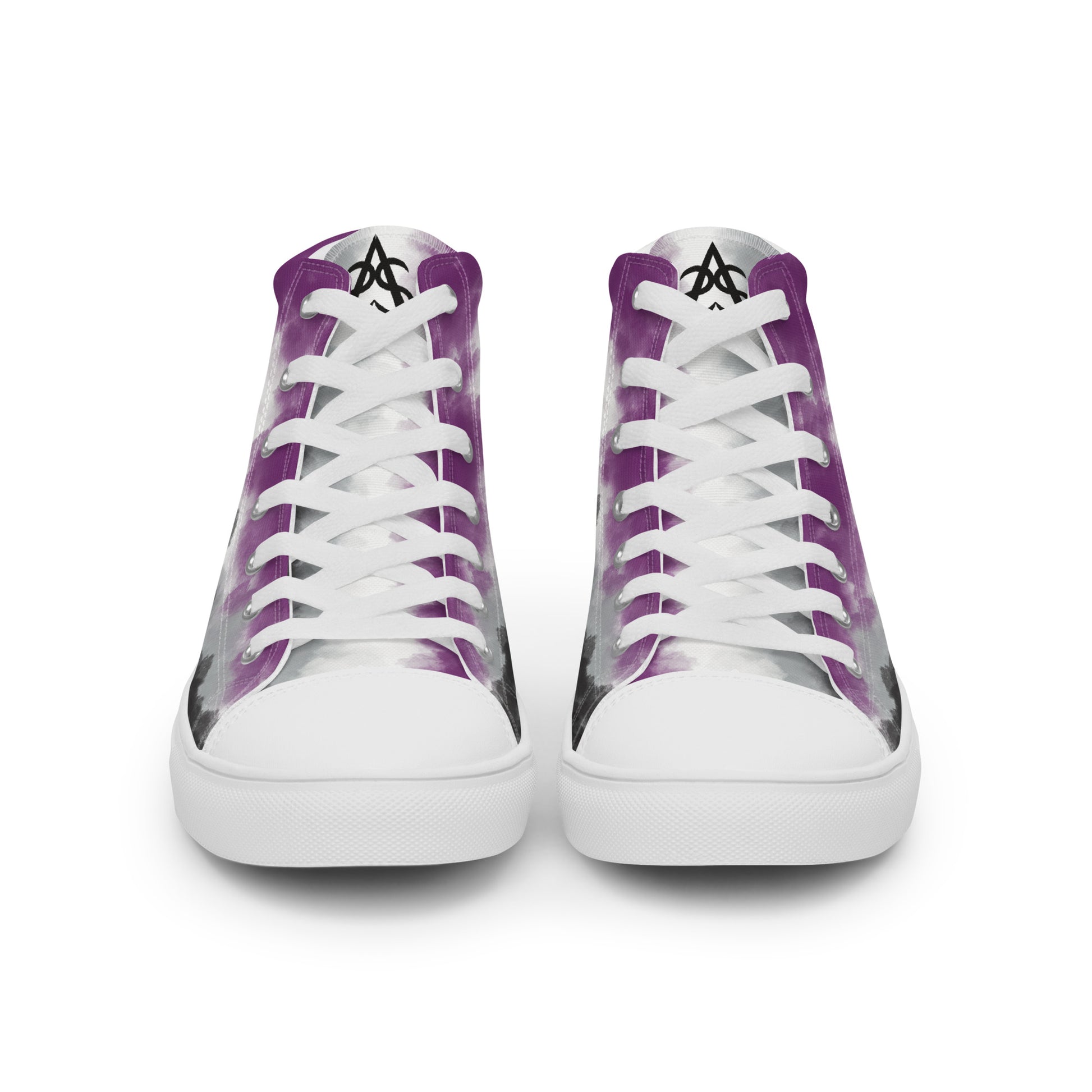 Front view: a pair of high top shoes with clouds in the asexual flag colors, a hand drawn white heart on the heel, white laces and accents, and the Aras Sivad Studio logo on the tongue.