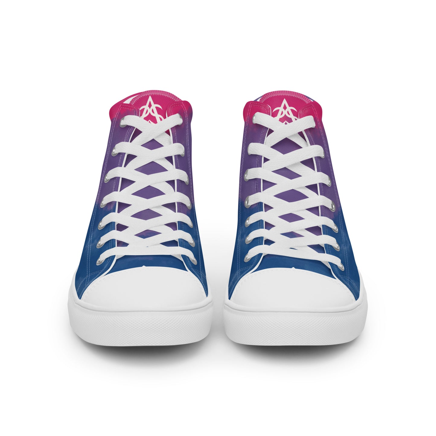 Front view: a pair of high top shoes with color block pink, purple, and blue clouds, a white hand drawn heart, and the Aras Sivad logo on the back.