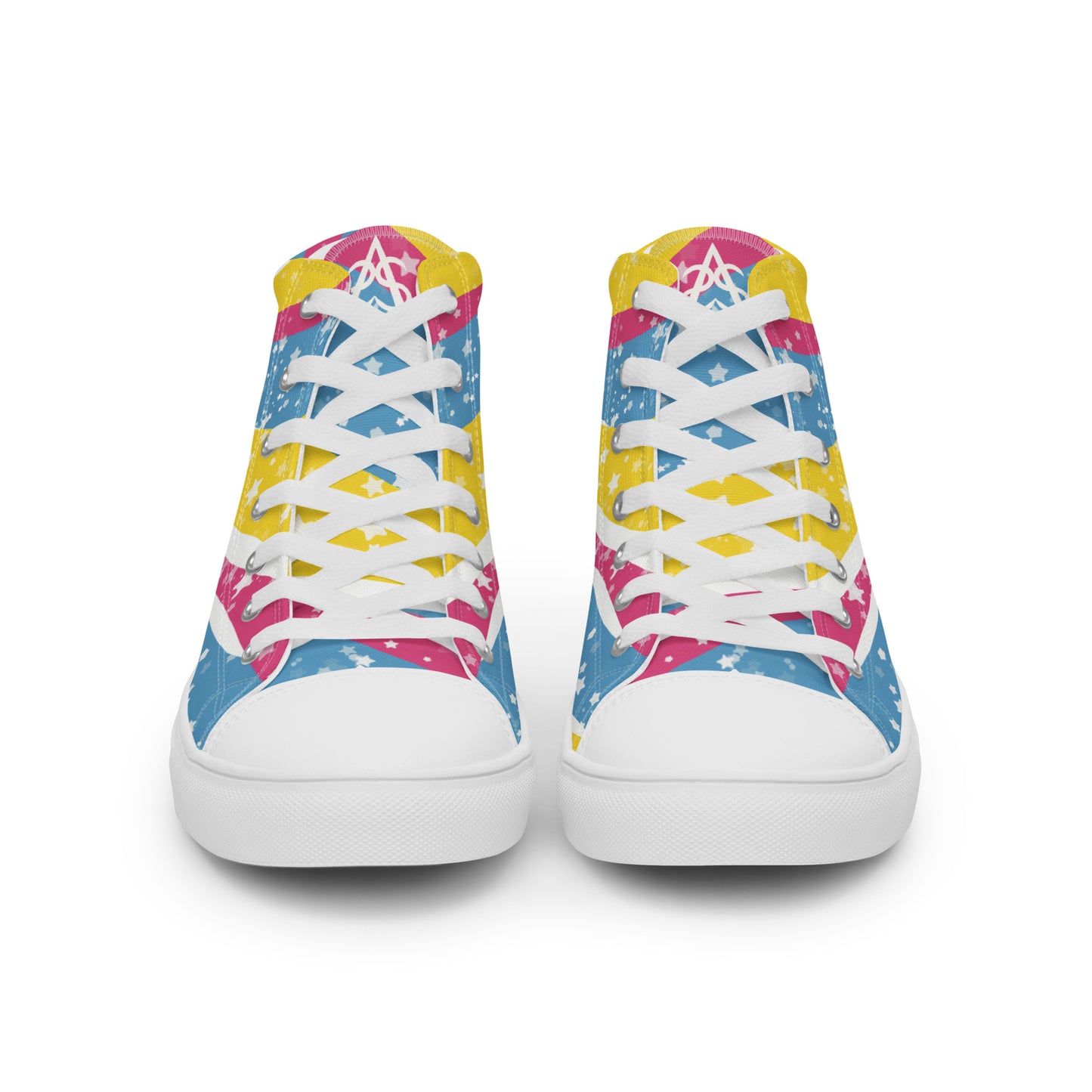 Front view: a pair of high top shoes with pink, yellow, and blue ribbons that get larger from heel to laces, white stars, and the Aras Sivad logo on the tongue.