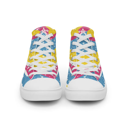 Front view: a pair of high top shoes with pink, yellow, and blue ribbons that get larger from heel to laces, white stars, and the Aras Sivad logo on the tongue.