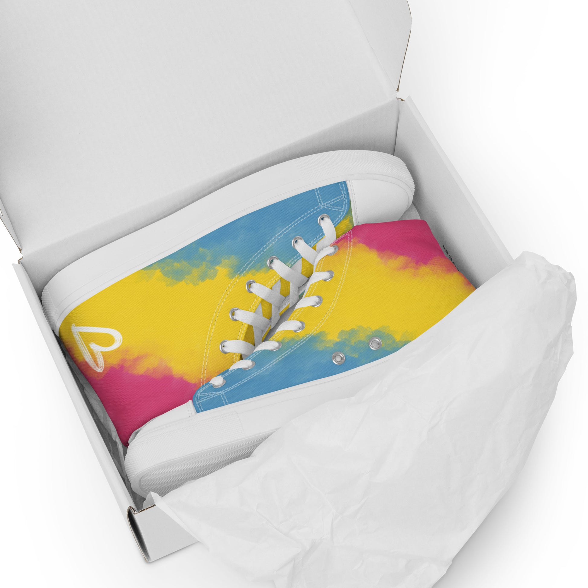 A shoebox is open to reveal a pair of high top shoes with color block pink, yellow, and blue clouds, a white hand drawn heart, and the Aras Sivad logo on the back.