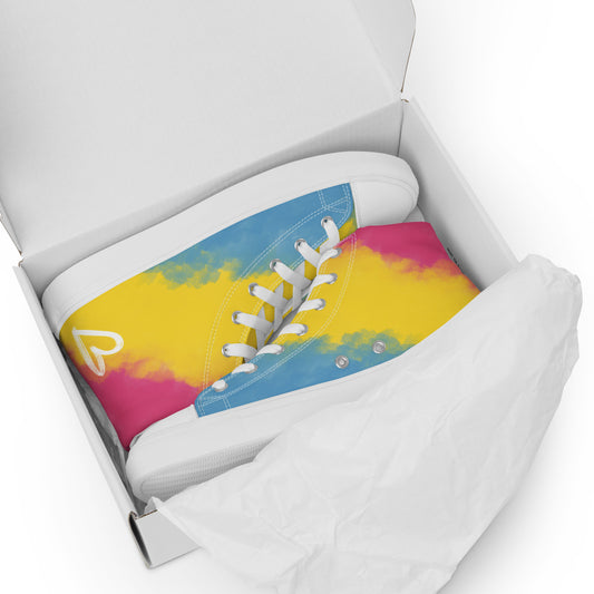 A shoebox is open to reveal a pair of high top shoes with color block pink, yellow, and blue clouds, a white hand drawn heart, and the Aras Sivad logo on the back.