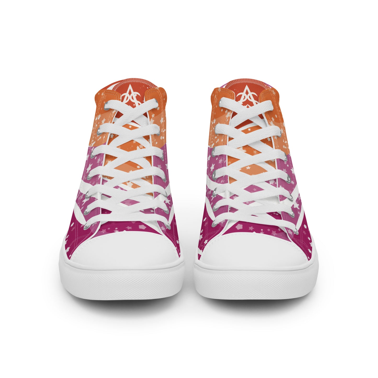 Front view: A pair of high top shoes with ribbons of lesbian flag colors and stars coming from the heel and getting larger across the shoe to the laces.