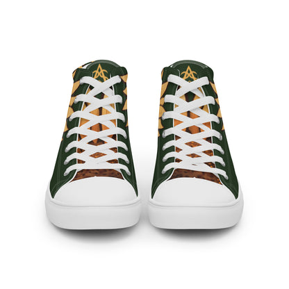 Front view: a pair of high top shoes with a large sunflower on the heel and a forest green background.