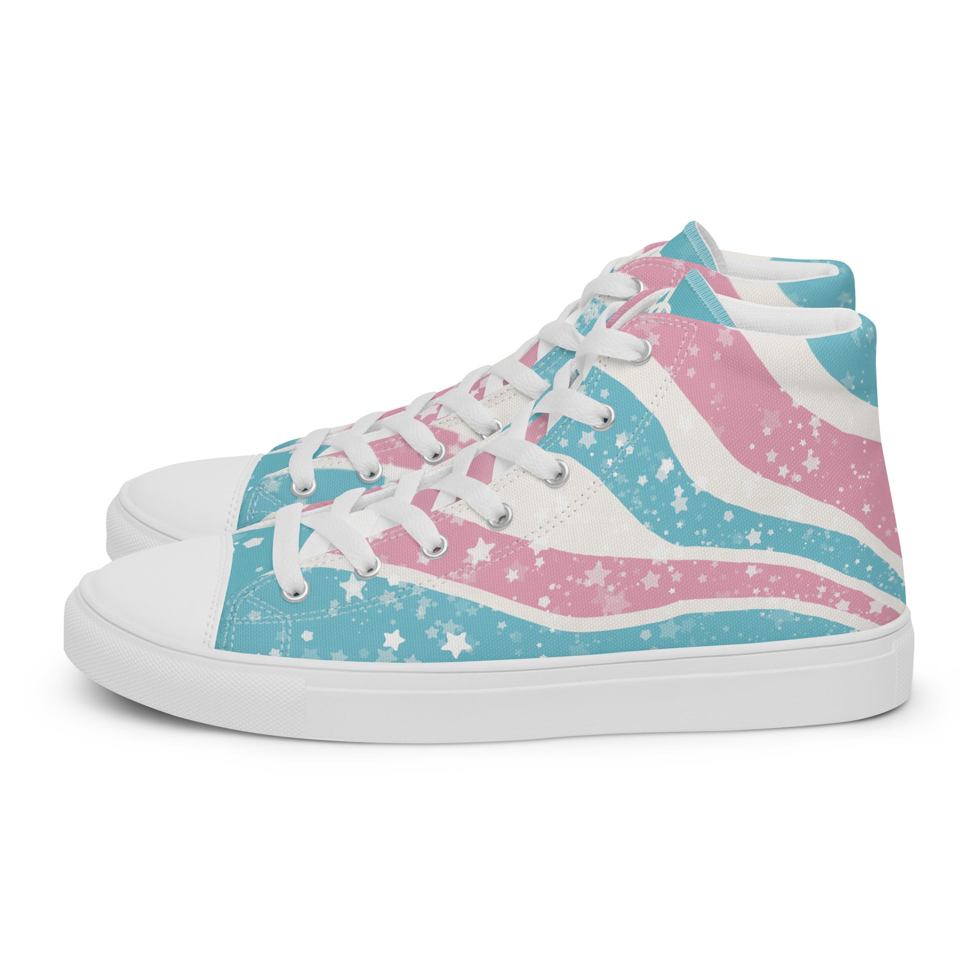 Left view: A pair of high top shoes have way lines starting from the heel and getting larger towards the laces in pink, white, and blue with white stars all over, white laces, and white details.
