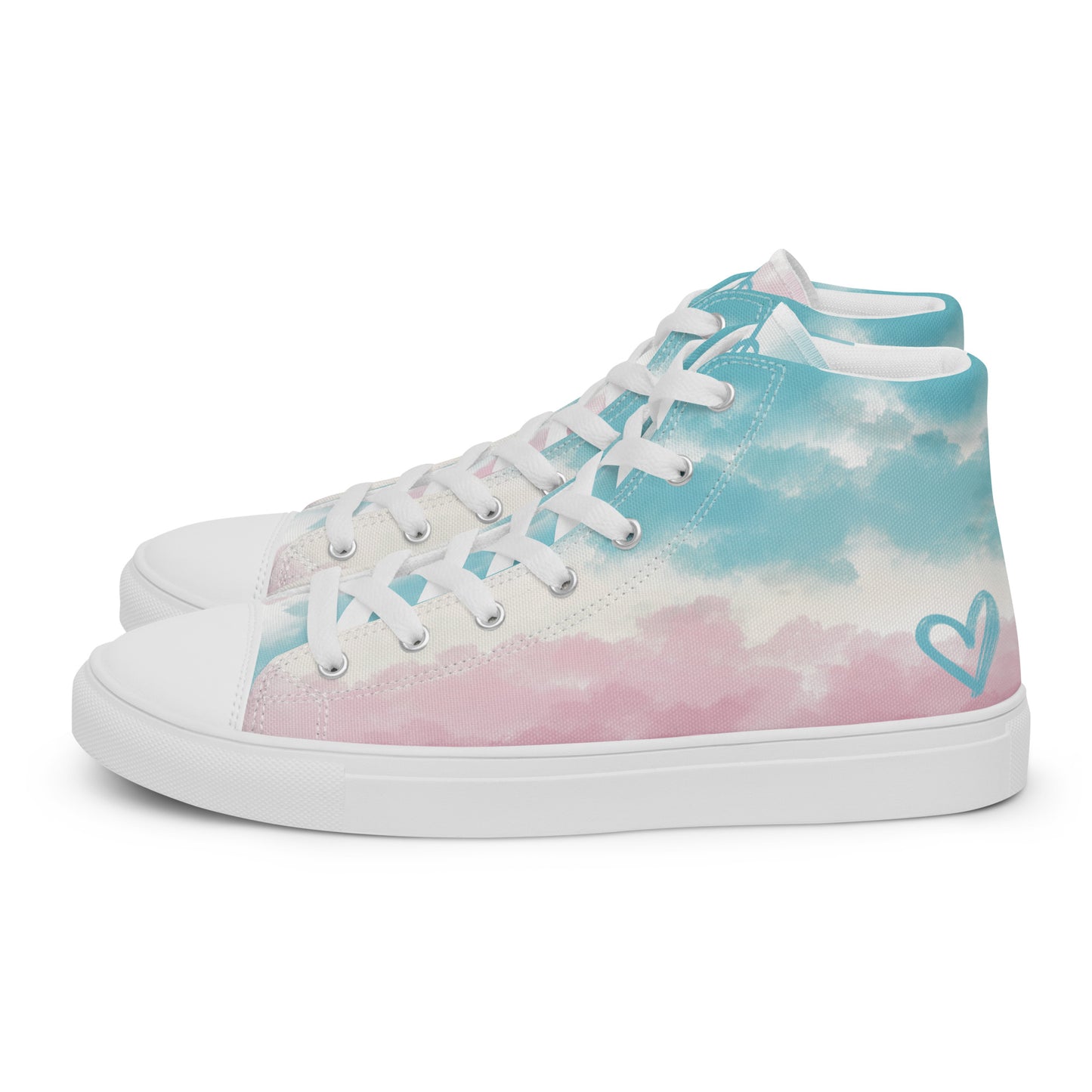 Left side view: High top shoes with a cloudy design in blue, white, and pink has a doodle style heart on the heel, white shoe laces, and white details.
