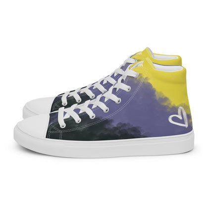 Left view: a pair of high-top canvas shoes with cloudy color blocks of the yellow, purple, and black non-binary flag colors with white laces and accents, a white heart on the heel, and white Aras Sivad Studio logo on the tongue.
