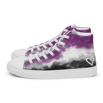 Left side: a pair of high top shoes with clouds in the asexual flag colors, a hand drawn white heart on the heel, white laces and accents, and the Aras Sivad Studio logo on the tongue.