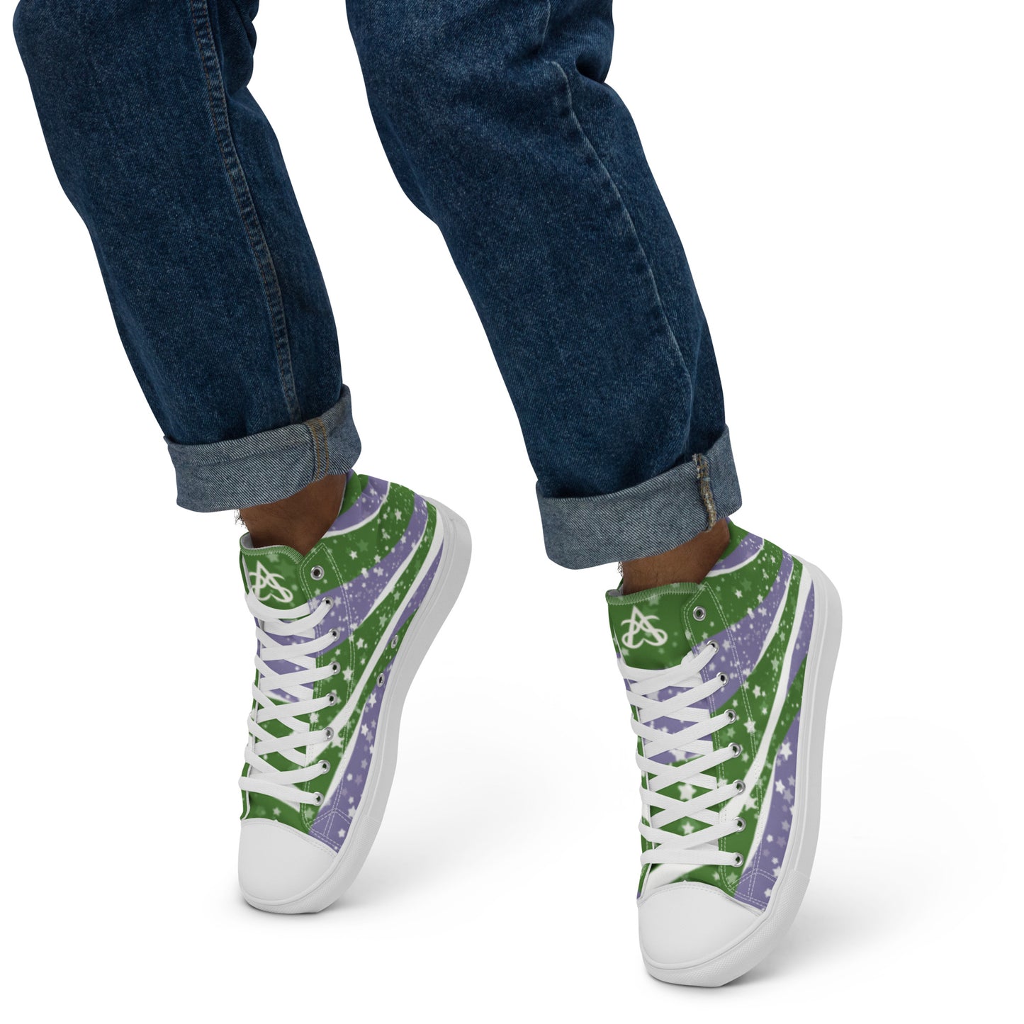 A model wears a pair of high top shoes with green, purple, and white ribbons that get larger from heel to laces, white stars, and the Aras Sivad logo on the tongue.