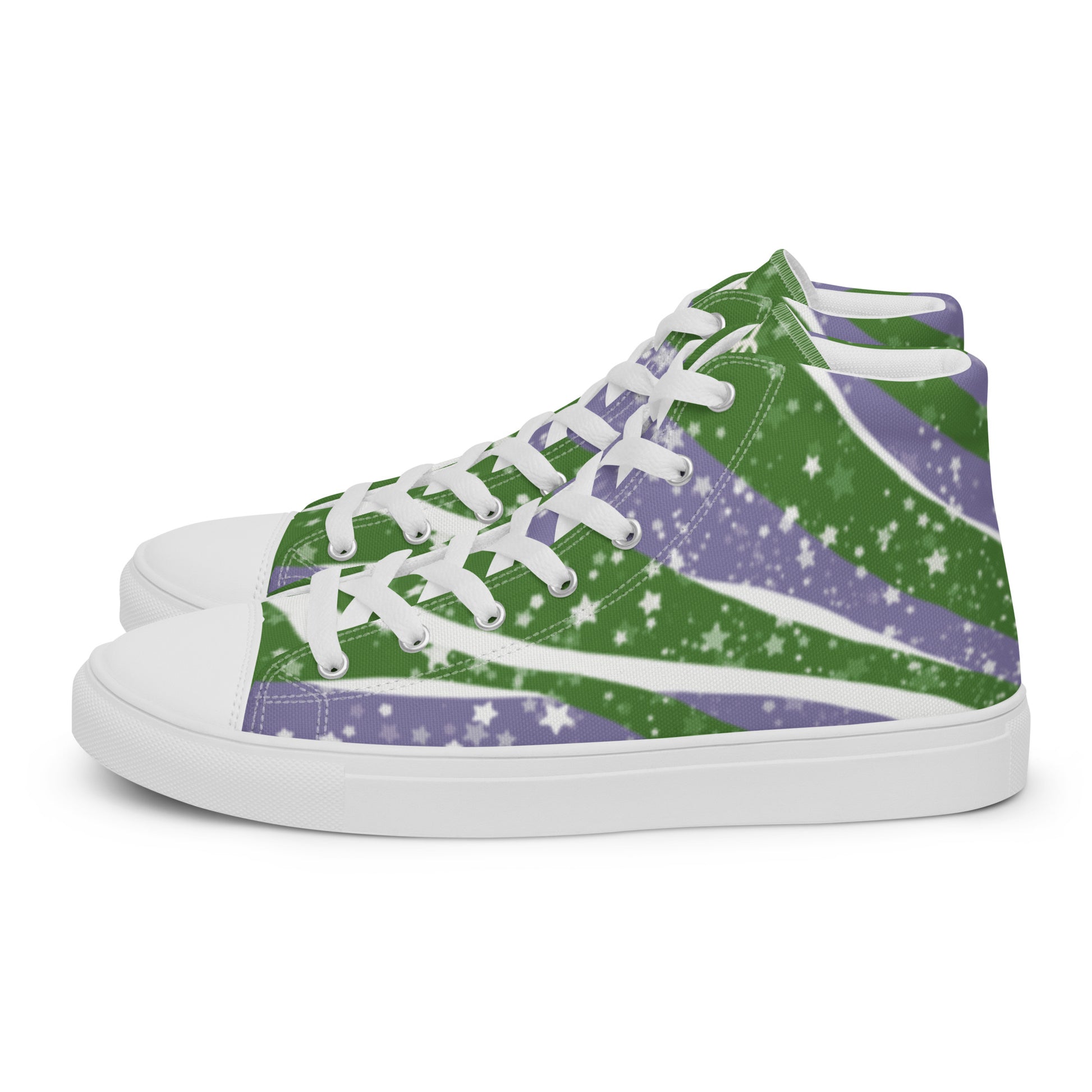 Left view: a pair of high top shoes with green, purple, and white ribbons that get larger from heel to laces, white stars, and the Aras Sivad logo on the tongue.