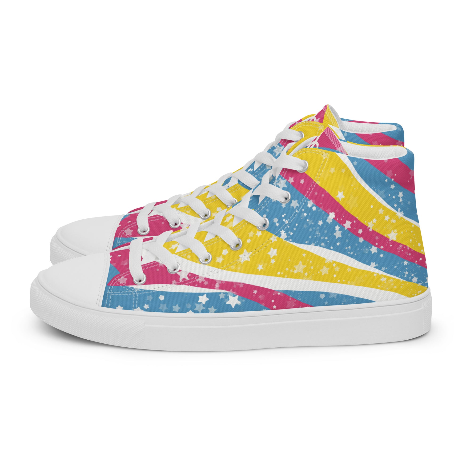 Left view: a pair of high top shoes with pink, yellow, and blue ribbons that get larger from heel to laces, white stars, and the Aras Sivad logo on the tongue.
