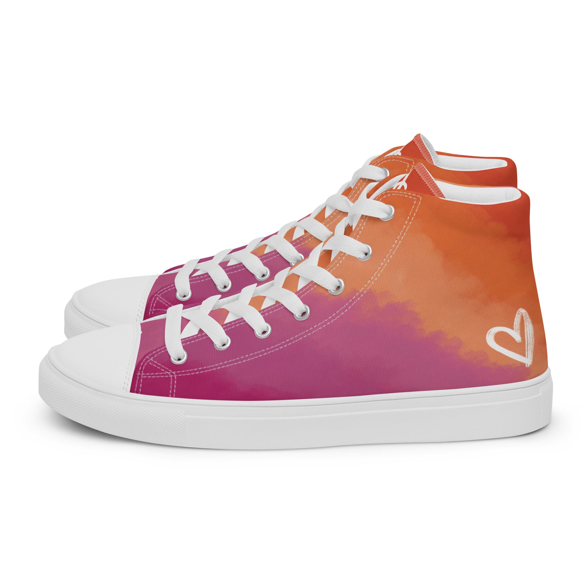 Left view: A pair of high top shoes with cloud layers in the lesbian flag colors, a white heart on the heel, and the Aras Sivad Studio logo on the tongue.