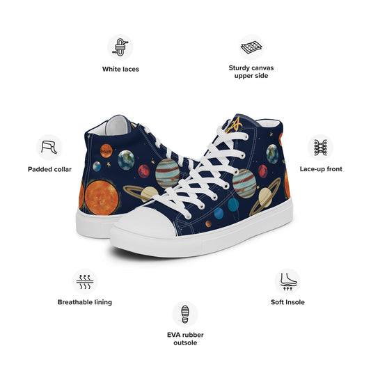 A pair of the Our Space high top shoes sit with product features listed around them: padded collar, white laces, sturdy canvas upper side, lace up front, soft insole, EVA rubber outsole, and breathable lining.