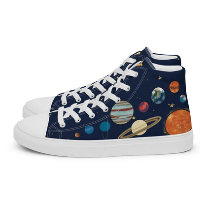 Left side view: A pair of high top shoes with painted solar system and starry background with white laces.