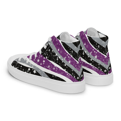 Left back view: a pair of high-top shoes with ribbons of purple, grey, black, and white seem to expand from the heel to the laces with an explosion of stars.