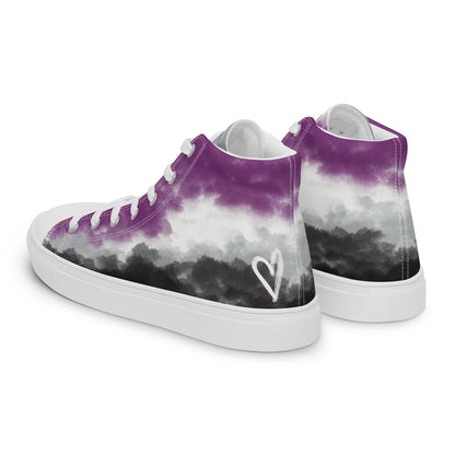 Left back view: a pair of high top shoes with clouds in the asexual flag colors, a hand drawn white heart on the heel, white laces and accents, and the Aras Sivad Studio logo on the tongue.