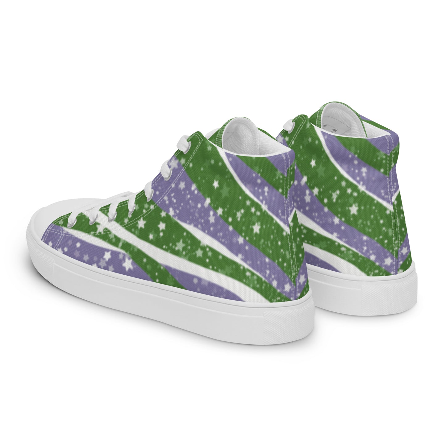 Left back view: a pair of high top shoes with green, purple, and white ribbons that get larger from heel to laces, white stars, and the Aras Sivad logo on the tongue.