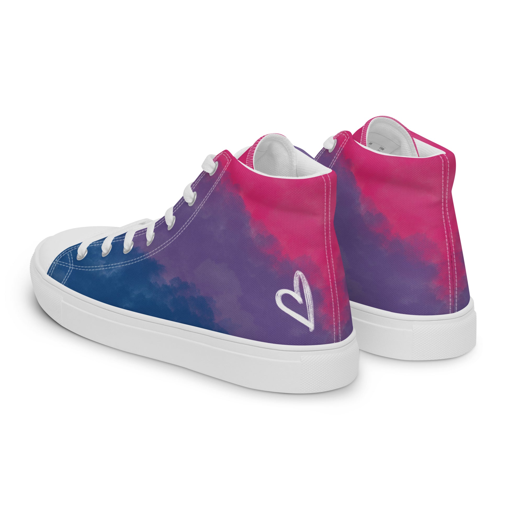 Left back view: a pair of high top shoes with color block pink, purple, and blue clouds, a white hand drawn heart, and the Aras Sivad logo on the back.