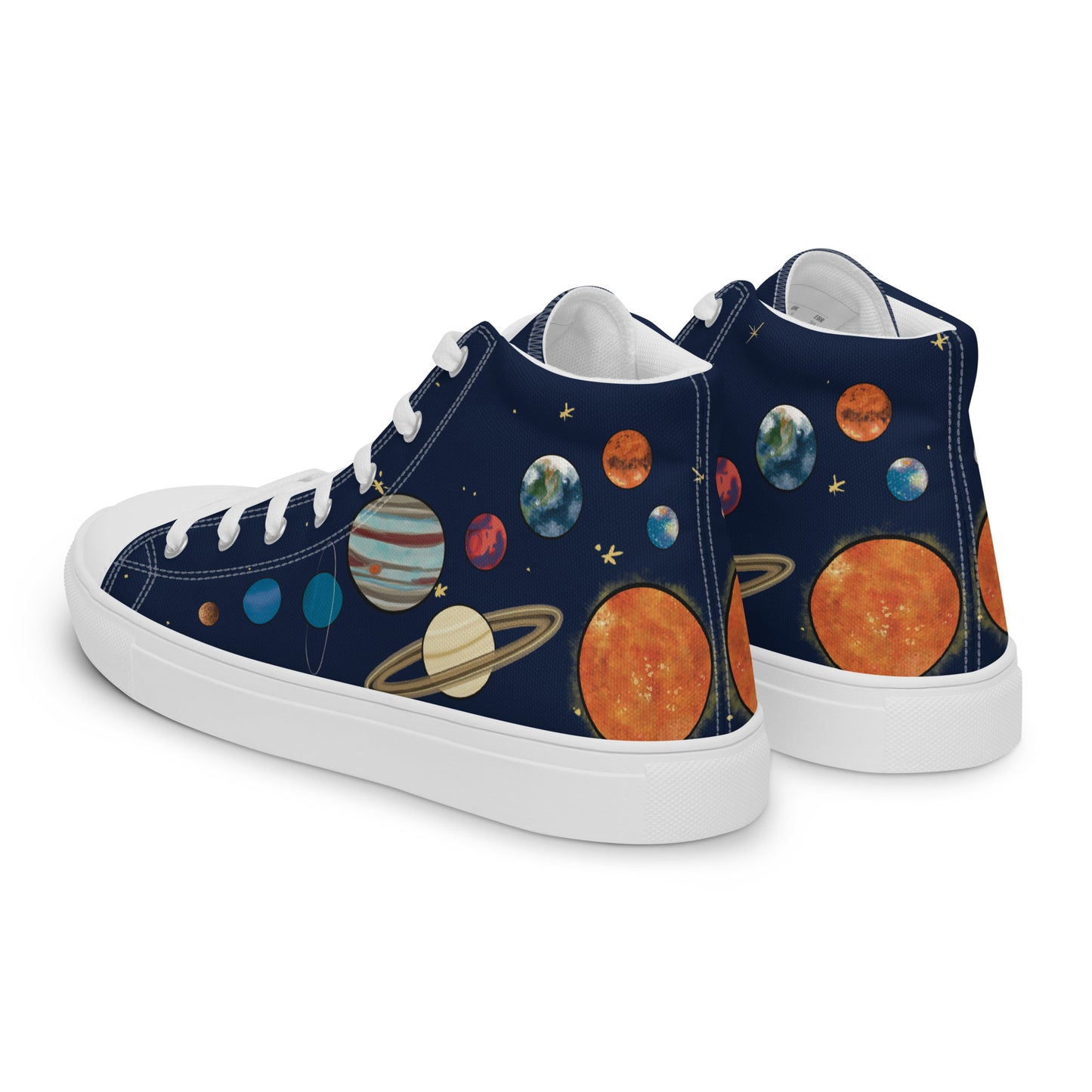 Left back view: A pair of high top shoes with painted solar system and starry background with white laces.