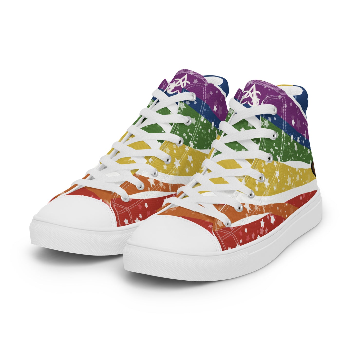 Left front view: A pair of high top shoes have wavy rainbow stripes coming from the heel and getting wider towards the laces, covered in stars, with a double heart in black and brown containing the Trans Pride flag near the heel.