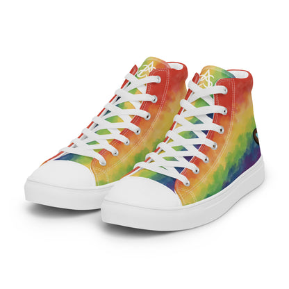 Left front view: A pair of high top shoes with rainbow striped clouds on the sides and a double heart in black and brown with the trans flag colors inside.
